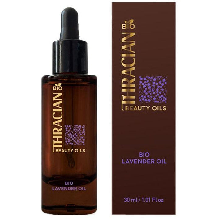 Thracian био разкрасяващ бленд с органично лавандулово масло, масло от сладък бадем, витамин Е, кайсиево масло, масло от пшеничен зародиш за всеки тип кожа в бутилка и кутия,  био козметика, био българска козметика, натурална козметика, органична козметика,снимка отпред