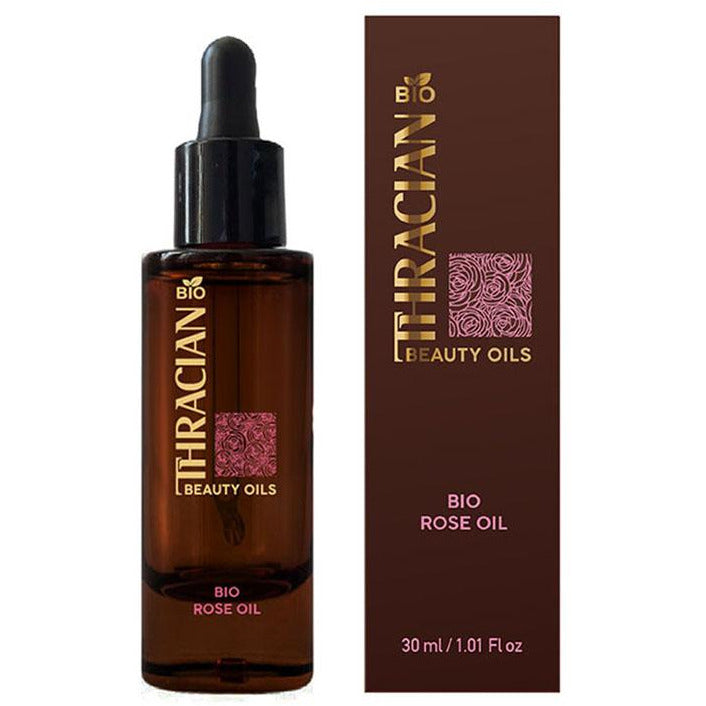 Thracian био разкрасяващ бленд с органично Роза Дамасцена розово масло, масло от сладък бадем, витамин Е, кайсиево масло, масло от пшеничен зародиш за всеки тип кожа в бутилка и кутия, снимка отпред, био козметика, био българска козметика, натурална козметика, органична козметика