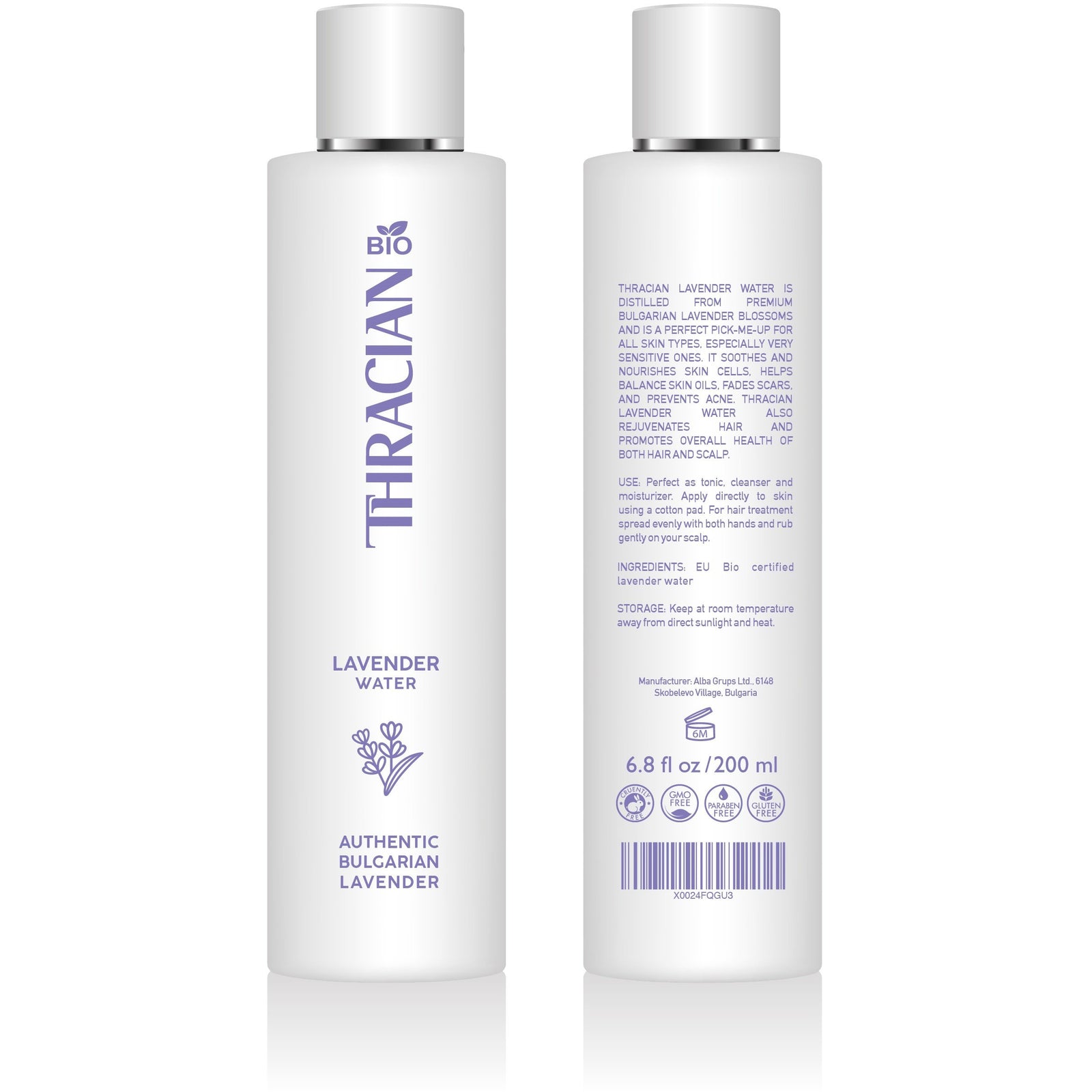 Thracian био органична дистилирана българска лавандулова вода за лице и коса снимка отпред и отзад,  био козметика, био българска козметика, натурална козметика, органична козметика